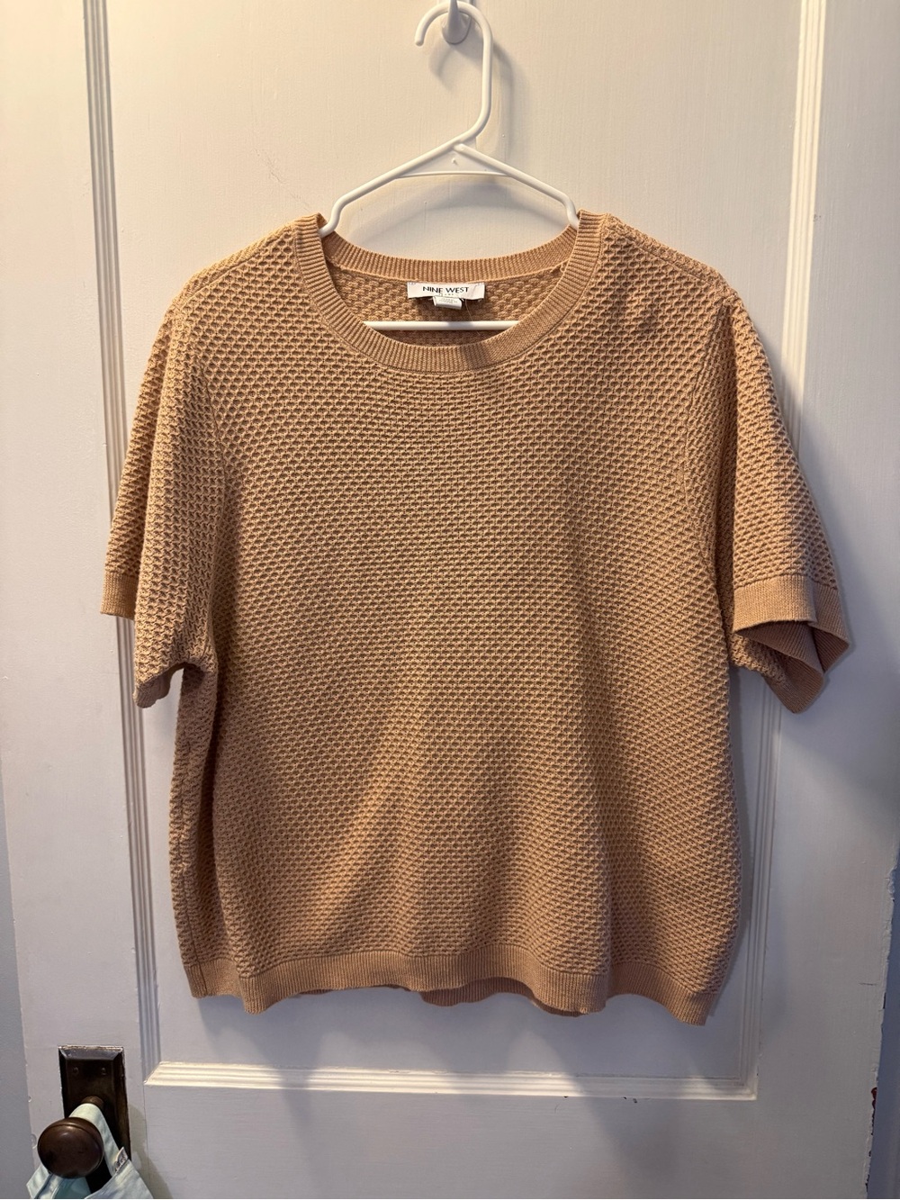 Nine West Beige Textured Short Sleeve Crewneck Sweater
